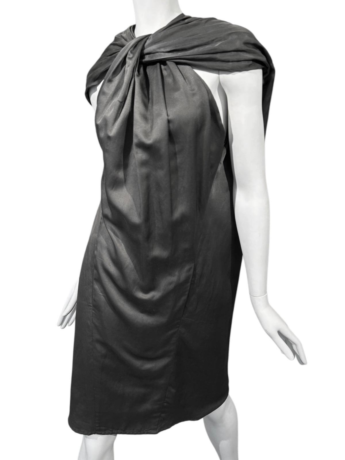 HAIDER ACKERMANN SS2010 GREY COTTON & SILK TWISTED NECKLINE MIDI DRESS