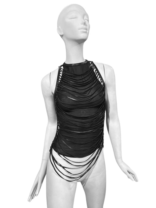 JITROIS 2000s BLACK SILK & LEATHER DRAPED STRAPPY TANK TOP