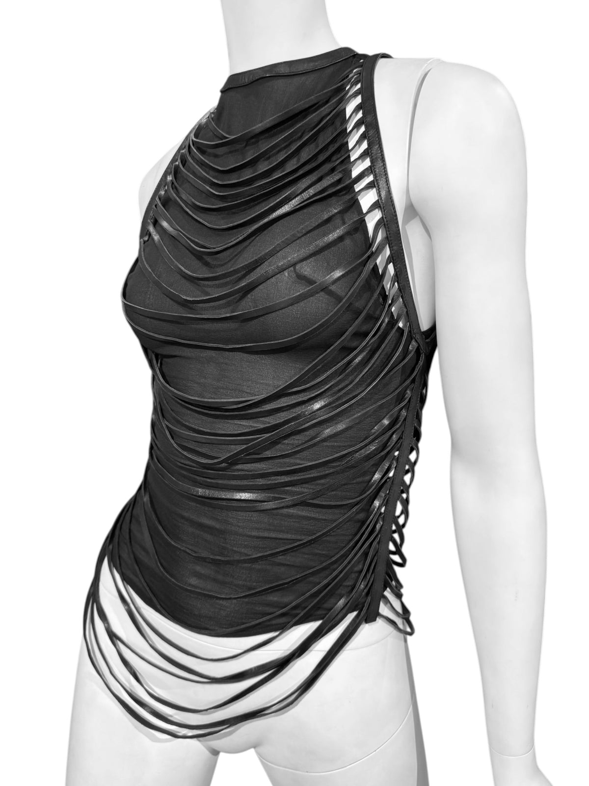JITROIS 2000s BLACK SILK & LEATHER DRAPED STRAPPY TANK TOP