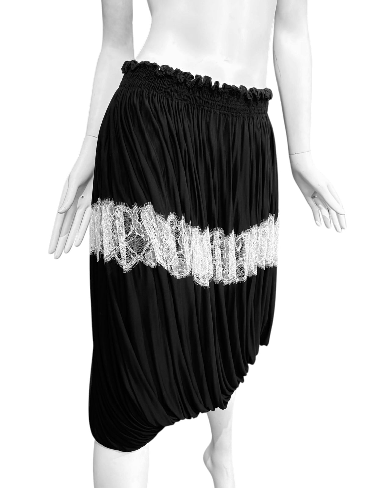 ALAÏA FW2006 BLACK DRAPED LACE INSERT MIDI SKIRT