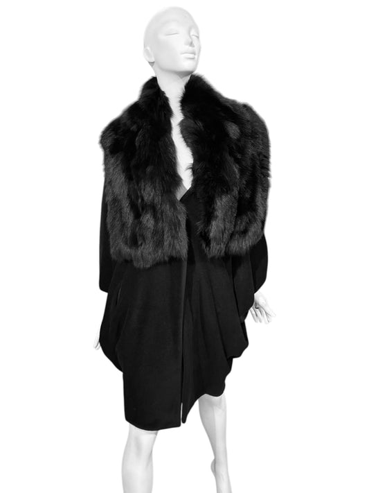 PLEIN SUD 1990s BLACK WOOL & FOX FUR OVERSIZED BATWING CAPE COAT