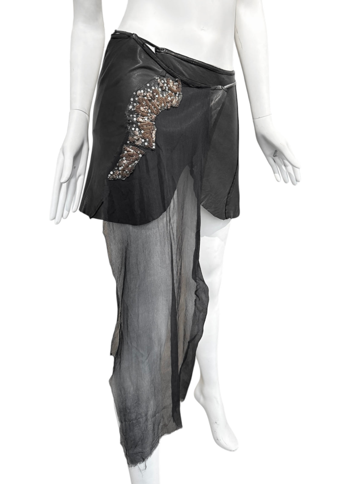 LE CUIR PERDU 2010s BLACK LEATHER & SILK PANEL WRAP MINI SKIRT