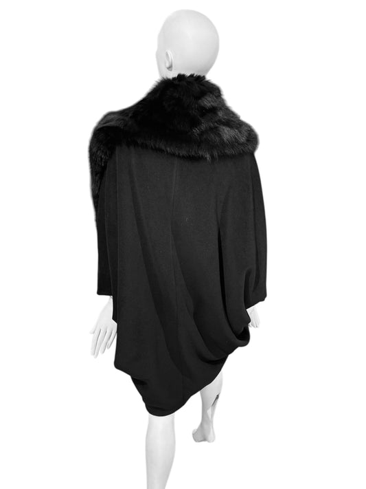 PLEIN SUD 1990s BLACK WOOL & FOX FUR OVERSIZED BATWING CAPE COAT