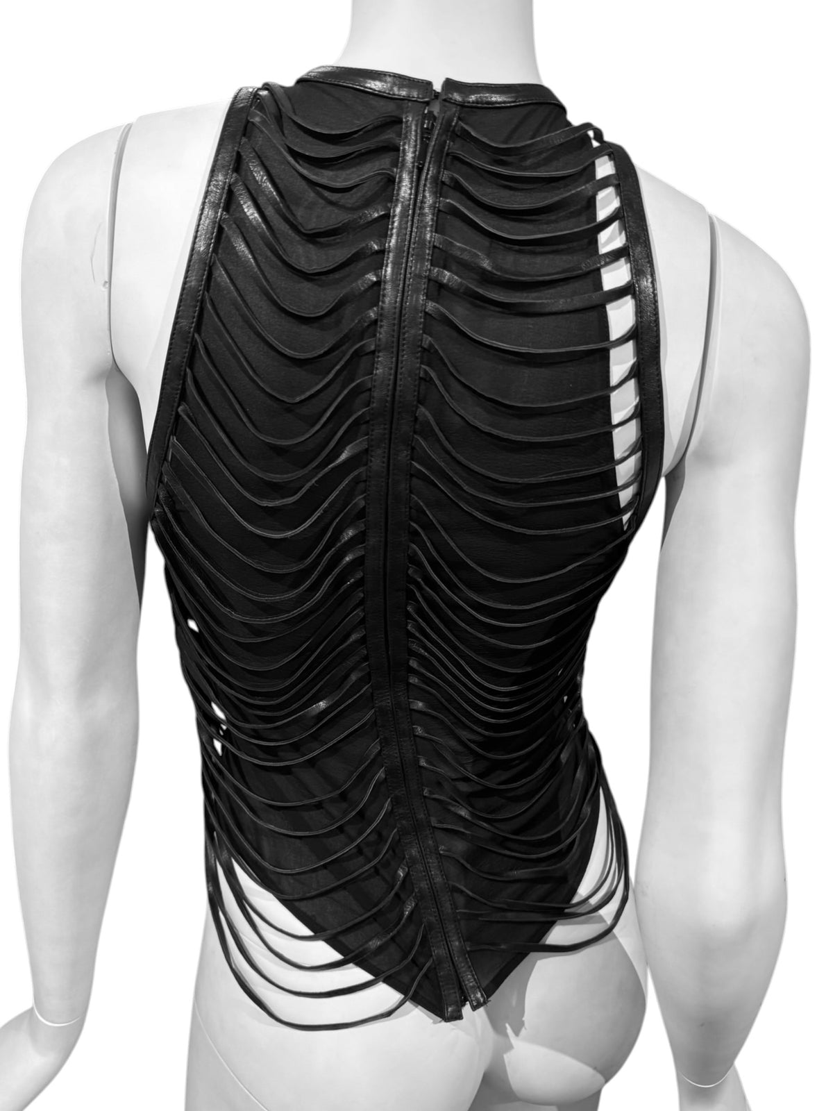 JITROIS 2000s BLACK SILK & LEATHER DRAPED STRAPPY TANK TOP