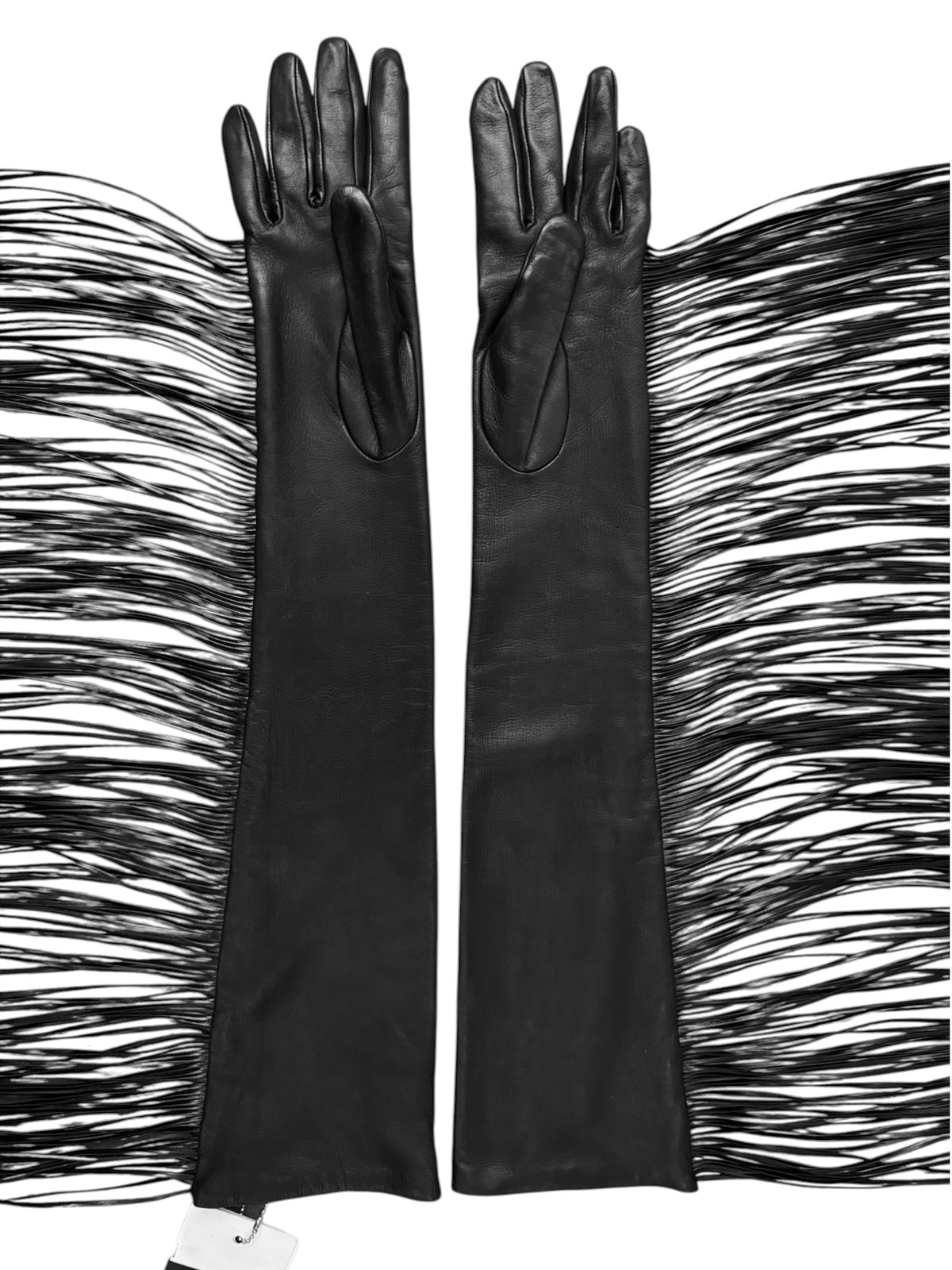 SPORTMAX FW2025 BLACK LEATHER FRINGES OPERA GLOVES