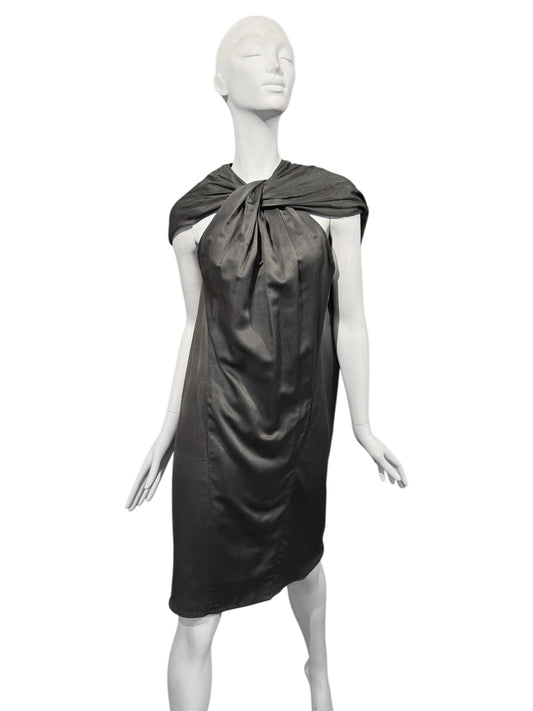 HAIDER ACKERMANN SS2010 GREY COTTON & SILK TWISTED NECKLINE MIDI DRESS
