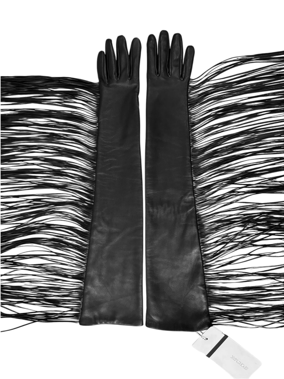 SPORTMAX FW2025 BLACK LEATHER FRINGES OPERA GLOVES