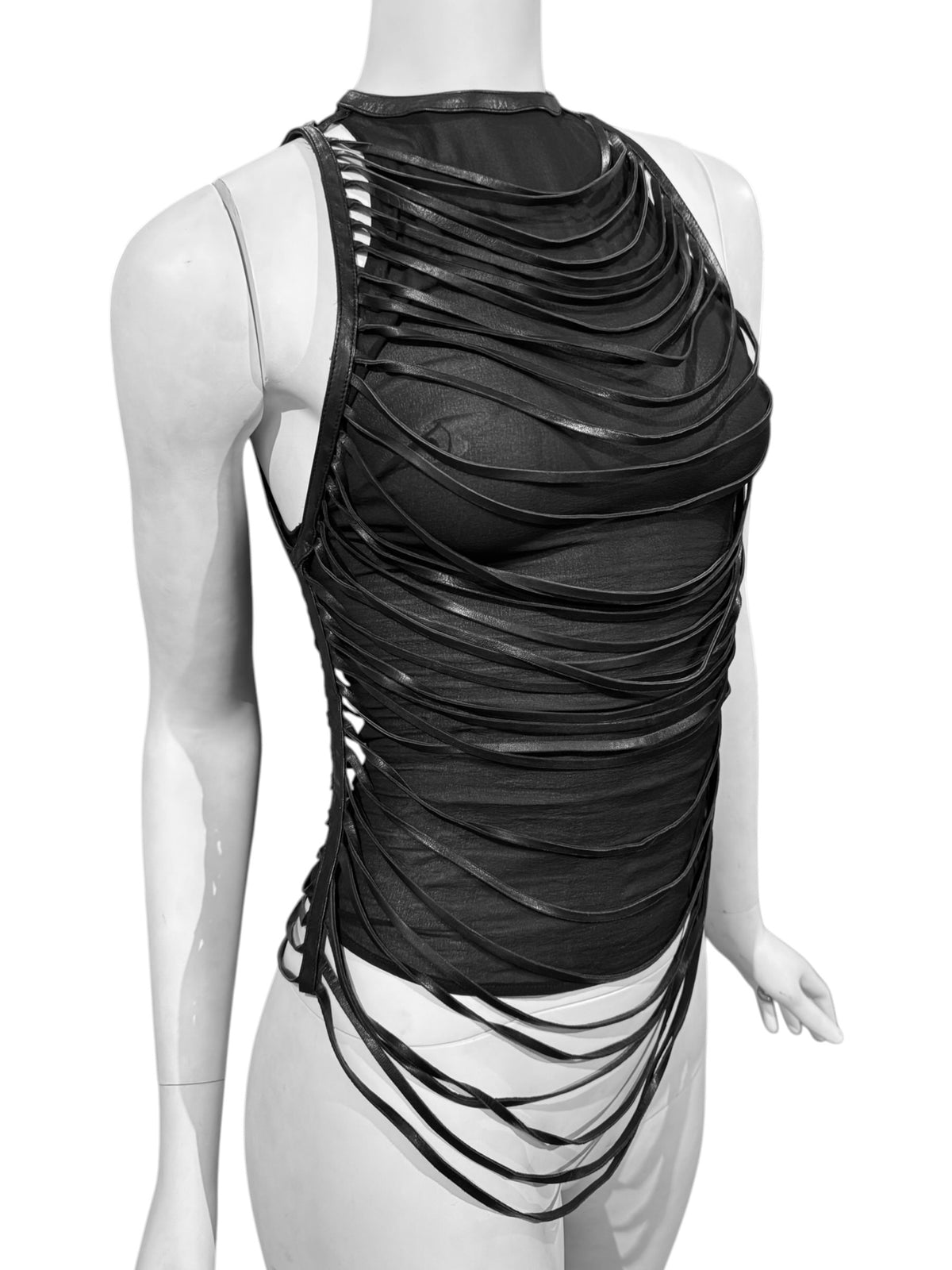JITROIS 2000s BLACK SILK & LEATHER DRAPED STRAPPY TANK TOP
