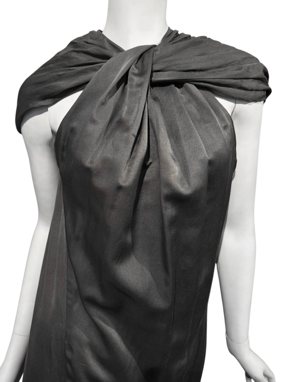 HAIDER ACKERMANN SS2010 GREY COTTON & SILK TWISTED NECKLINE MIDI DRESS