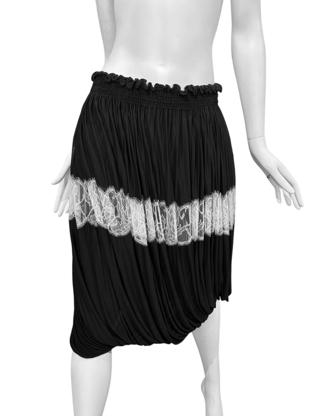 ALAÏA FW2006 BLACK DRAPED LACE INSERT MIDI SKIRT