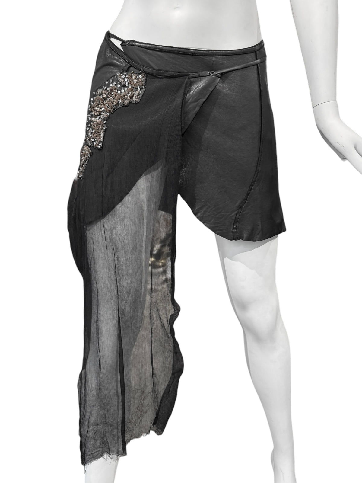 LE CUIR PERDU 2010s BLACK LEATHER & SILK PANEL WRAP MINI SKIRT