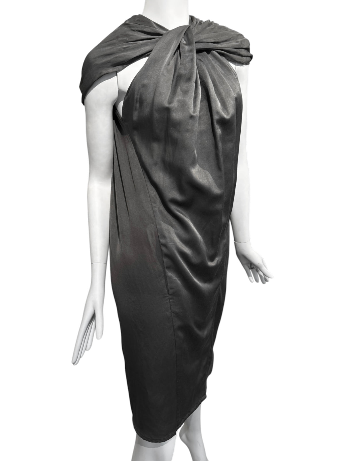 HAIDER ACKERMANN SS2010 GREY COTTON & SILK TWISTED NECKLINE MIDI DRESS