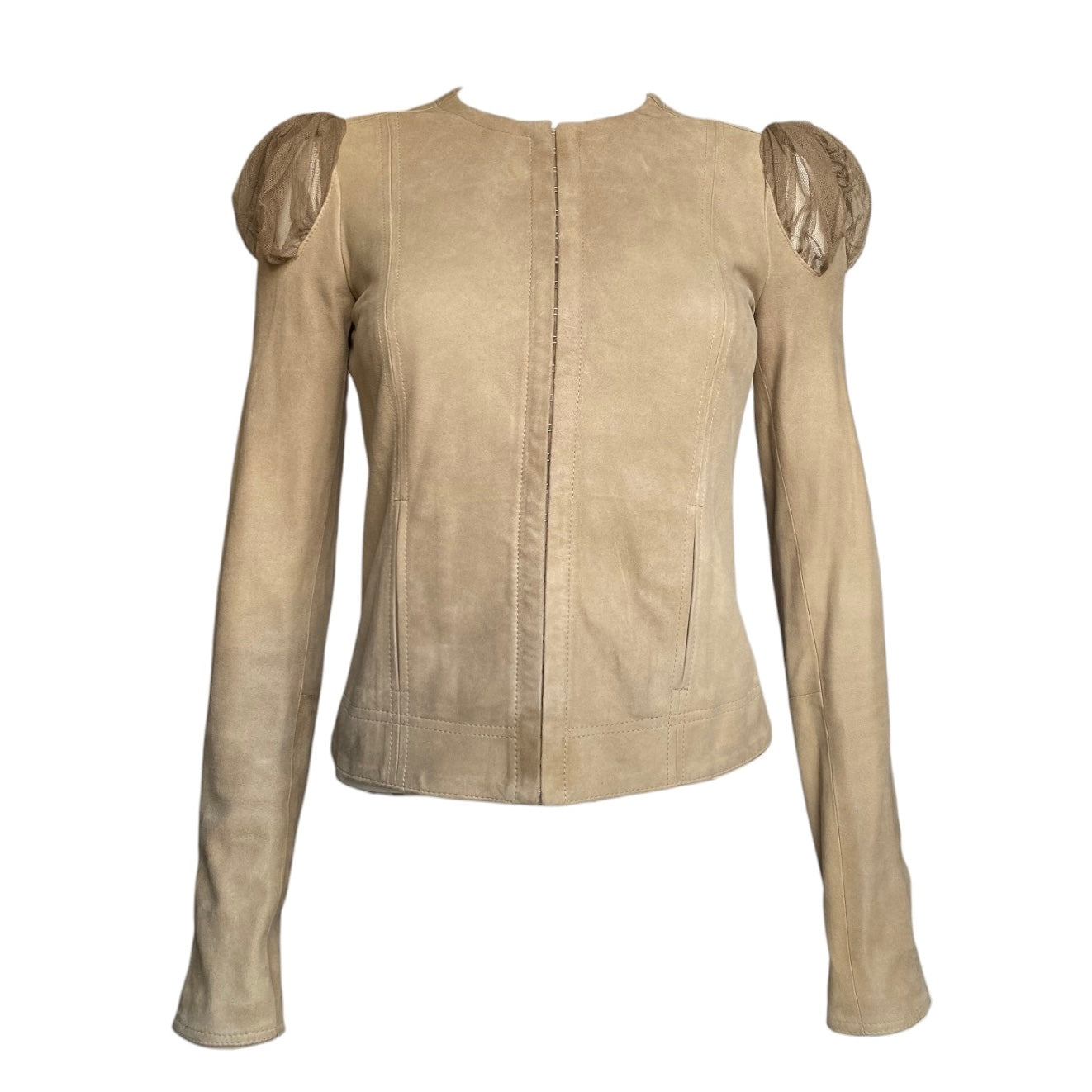 PLEIN SUD 2000s BEIGE LEATHER TULLE SHOULDER PAD HOOKED JACKET