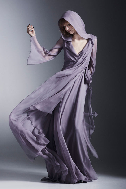 ALBERTA FERRETTI PRE-FALL 2023 LAVENDER SILK HOODED MAXI DRESS